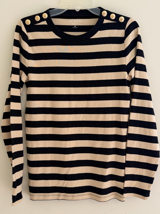 J. Crew Sweaters - J. Crew Striped Black and Cream Crewneck Sweater with Gold Buttons